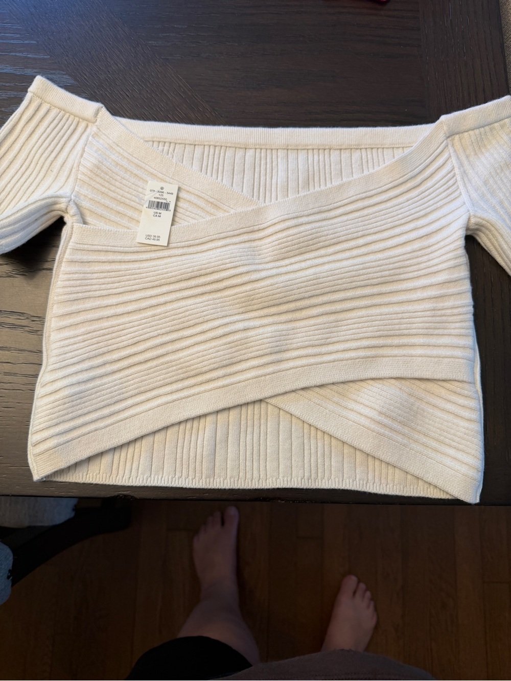 American Eagle Outfitters Cream Ribbed Off-Shoulder Cropped Top